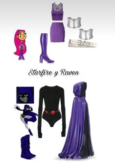 the costume is purple and black with silver accessories on it, as well as an image of