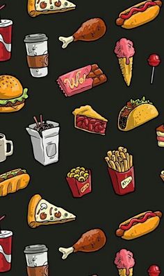 a bunch of fast food items on a black background that is seamless and can be used as a wallpaper