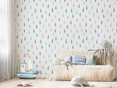 Callaway Children's Playroom With Blue Boats, Octopus and Whales Raindrops Wallpaper, Newborn Room, Dining Room Wallpaper, Wallpaper Peel, Stripes Wallpaper, Boys Wallpaper, Light Blue Background, Watercolor Wallpaper, Wallpaper Living Room