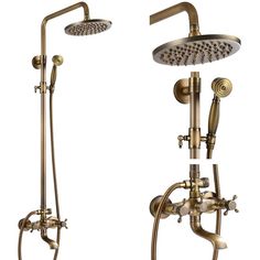 an old fashioned shower head and handset with thermostaer in antique brass