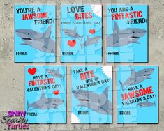 four different valentine cards with sharks and hearts in the middle, one is for you're