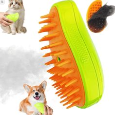 an orange and green brush with a dog on it's side next to the brush