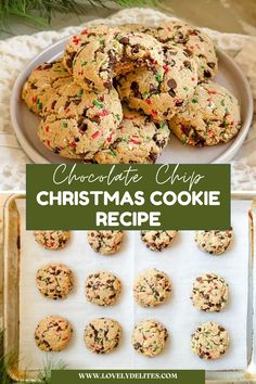 chocolate chip christmas cookie recipe on a baking sheet with cookies and sprinkles