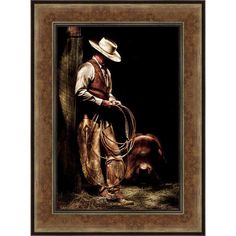 a painting of a cowboy leaning against a wall with his lasso in hand and a cow laying down behind him