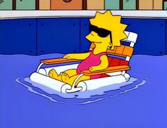 the simpsons is riding on an inflatable raft with his feet sticking out and wearing sunglasses