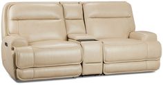 the reclining loveseat has two seats and a cup holder on top of it