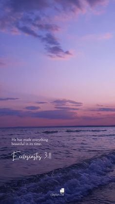 an image of the ocean at sunset with a bible verse written in white on it