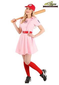 a woman in a pink dress holding a baseball bat and posing for the camera with her hands on her hips