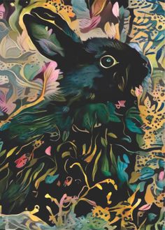 a painting of a black rabbit surrounded by flowers