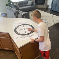 a young boy standing in front of a kitchen island with a poster on it that reads,