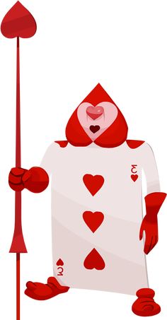 a person in a red and white suit holding a stick with hearts on it,