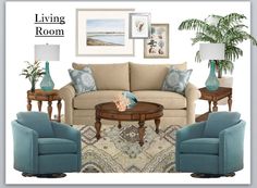 the living room is decorated in shades of blue and beige