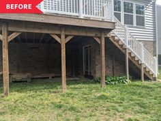 the back porch is covered with wood and has stairs leading up to it