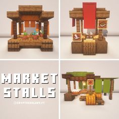 four different views of an outdoor market stall with fruit and vegetables on the outside, in various stages of construction