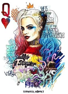 a drawing of a woman with blue hair and tattoos on her face, surrounded by words