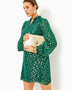 Lauralyn Silk Dress | Lilly Pulitzer Elegant Evening Dresses With Smocked Cuffs, Evening Dresses With Smocked Cuffs, Elegant Dresses With Bishop Sleeves And Smocked Cuffs, Elegant Fall Dress With Smocked Cuffs, Chic Long Sleeve Festive Dresses, Festive Chic Long Sleeve Dresses, Dress Picture, Green Silk, Dress Romper