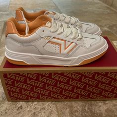 Vans Upland, Never Worn. New With Box. Women’s Size 9, Men’s 7.5 Color: Vintage Orange Sporty Yellow Vans Sneakers, Golden Yellow Vans, Vans Yellow Low-top Sneakers, Vans Orange Low-top Sneakers, Sporty Yellow Vans Skate Shoes, Vans White, Womens Vans, Beautiful Shoes, Orange