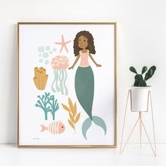 a mermaid with seaweed and starfish in her hand is shown next to a potted plant