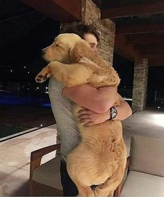 a woman holding a large brown dog in her arms