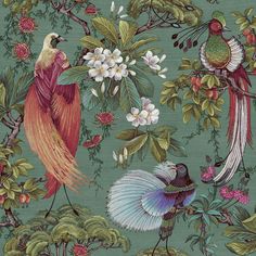 a green wallpaper with birds and flowers on it