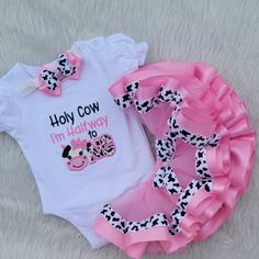 Girls Birthday Cow Outfit, Holy Cow Farm Birthday Outfit/Barnyard Birthday Shirt, Halfway to One Cow Outfit, 1st Birthday Cow Shirt This a beautiful Cow Themed Tutu Set.  If there are any small details you would like added or removed, please contact me prior to ordering. Comes with bodysuit or shirt and ribbon trimmed tutu.  If you are interested on the jacket also, please message me for a custom listing.  The headband (up to 12/18 months) or hair clip is free with the purchase and may vary in d Fitted Short Sleeve Sets For Birthday, White Cotton Birthday Set, Fun Cotton Sets For Birthday, Cute Short Sleeve Sets For Birthday, White Sets With Letter Print For Birthday, Customizable White Sets For Birthday, Fun White Sets For Birthday, Fun White Birthday Sets, Fun White Birthday Set