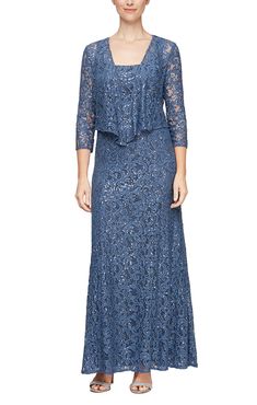 Put some shimmer in your style in this sparkling lace jacket dress. Long Lace Jacket, Lace Jacket Dress, Draped Jacket, Gown With Jacket, Richard Long, Dress With Jacket, Wedding Guest Looks, Alex Evenings, Sequin Jacket