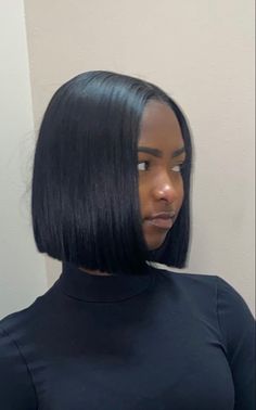 Sharp Bob Haircut Black Women, Sleek Bob Black Women, Jet Black Bob Black Women Natural Hair, Bob See In, Silk Press Natural Hair Short Bob Middle Part, Jet Black Hair Bob, Middle Part Bob Natural Hair, Middle Part Bobs For Black Women, Straight Bob Black Women