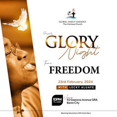 an advertisement for glory night with a man in glasses and a dove on his forehead