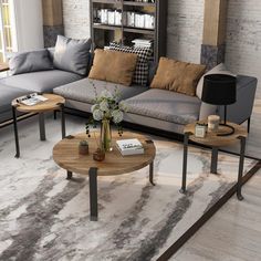 a living room with two couches and a coffee table in front of a bookshelf