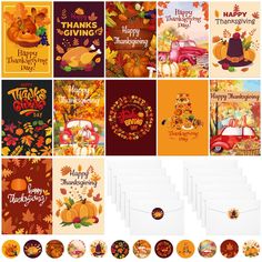 thanksgiving greeting cards and envelopes with pumpkins, leaves, flowers, turkeys