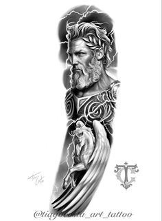 a black and white drawing of jesus with lightning coming out of his arm tattoo design