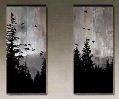 two pictures with trees and birds flying in the sky