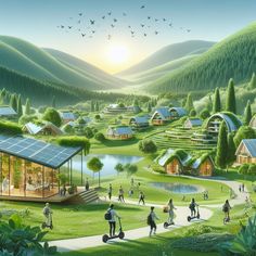 an artist's rendering of a village in the mountains with people walking around it