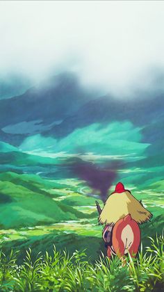 an anime character standing in the middle of a field with mountains and clouds behind him