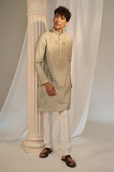 Green handmade kurta with floral embroidered yoke and cuffs. Comes with white pant. - Aza Fashions Traditional Sherwani With Embroidered Sleeves, Elegant Festive Sets With Embroidered Cuffs, Festive Kurta With Embroidered Cuffs, Traditional Kurta With Embroidered Sleeves For Transitional Season, Festive Fitted Kurta With Embroidered Cuffs, Traditional Wedding Kurta With Embroidered Cuffs, Festive Sherwani With Embroidered Sleeves For Wedding, Traditional Wear Embroidered Straight Kurta For Eid, Traditional Kurta With Embroidered Sleeves For Eid