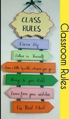 a sign that says class rules hanging on the wall next to other signs with arrows pointing in different directions