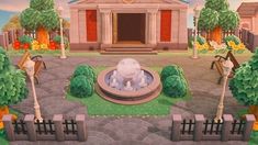 an animated image of a fountain in front of a building with trees and bushes around it