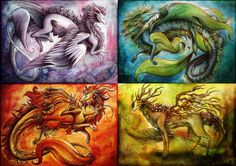 four different colored dragon paintings with one being a woman and the other is a man