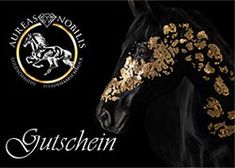 a black horse with gold paint on it's face and the words gustchen