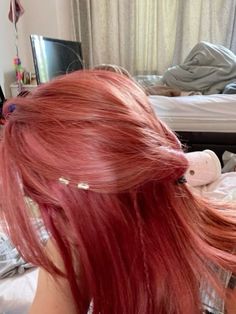 Under Hair Color Ideas For Black Hair, Red Pink Hair Aesthetic, Light Purple Red Hair, Strawberry Shortcake Hair Dye, Red Hair Color Light, Washed Out Red Hair, Auburn Pink Hair, Pink Hair No Bleach, Flamingo Hair Color