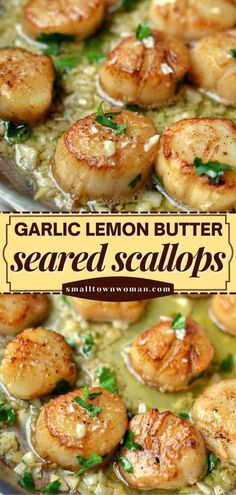 garlic lemon butter seared scallops in a skillet