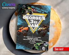 a monster truck birthday party flyer on a plate with the name george's 3rd jam