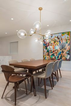 a dining room table with chairs and a large painting on the wall behind it,