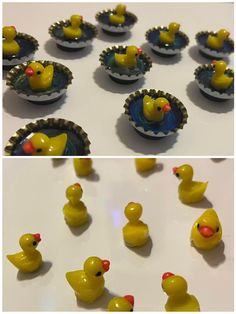 there are many small yellow rubber ducks in the cupcake tins on the table