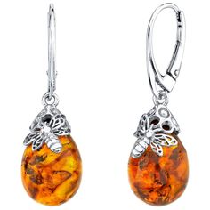 As sweet as honey, these drop earrings feature a sterling silver insect on genuine Baltic amber; conflict-free genuine gemstones; free shipping from Peora Bumble Bee Earrings, Amber Gemstone, Cognac Color, Bee Pendant, Amber Earrings, Classic Earrings, Bee Earrings, Bee Design, Amber Jewelry