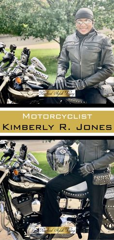 Motorcyclist Kimberly R Jones sitting on her Harley-Davidson motorcycle. Womens Biker Boots, Motorcycle Storage