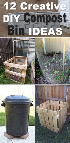 several different types of diy composting bins with text overlay reading 12 creative diy compost bin ideas