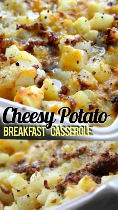 a casserole dish with cheesey potatoes and meat in it on a pink background