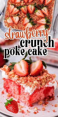 strawberry crunch poke cake on a plate with strawberries