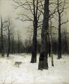 a painting of a dog walking through the snow in a wooded area with trees and grass